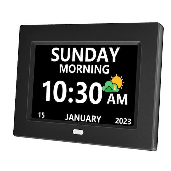 Angel Sar 7 in. Black Large Display Digital Alarm Clock with Day, Date, 5-Alarms and 3-Medicine Reminders for Elderly