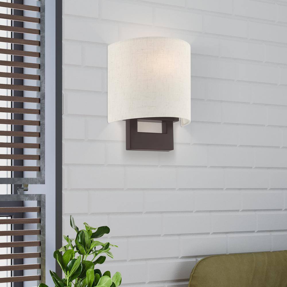 Hayworth Bronze 1-Light Dimmable Wall Sconce with Oatmeal Shade