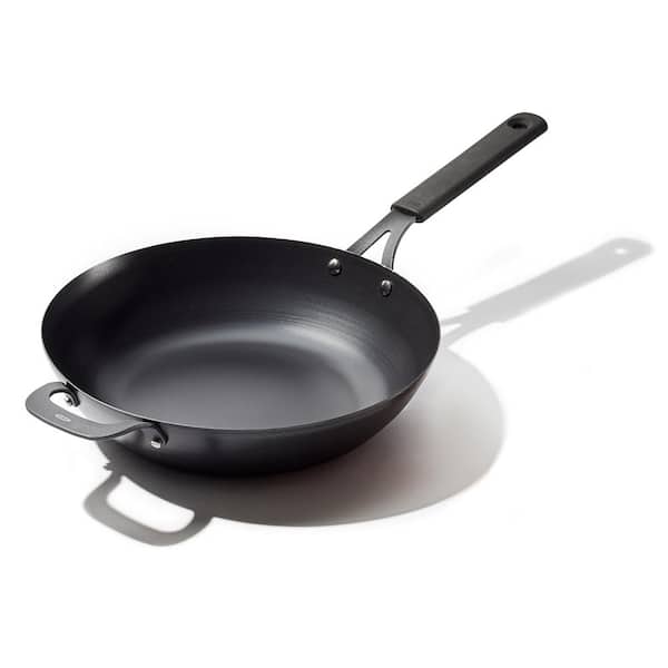 OXO Obsidian 12 in. Pre-Seasoned Carbon Steel Induction Safe Wok with Silicone Sleeve and Helper Handle in Black