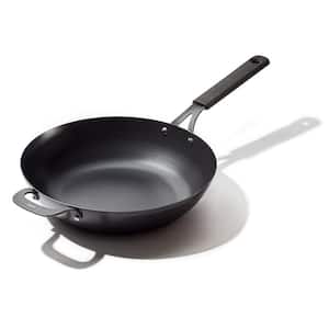 Obsidian 12 in. Pre-Seasoned Carbon Steel Induction Safe Wok with Silicone Sleeve and Helper Handle in Black