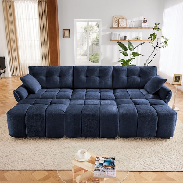 Tina 110.2 in. Flared Arm Chenille Upholstered Rectangle Sectional Sofa in. Blue with 3 Ottomans, Throw Pillows