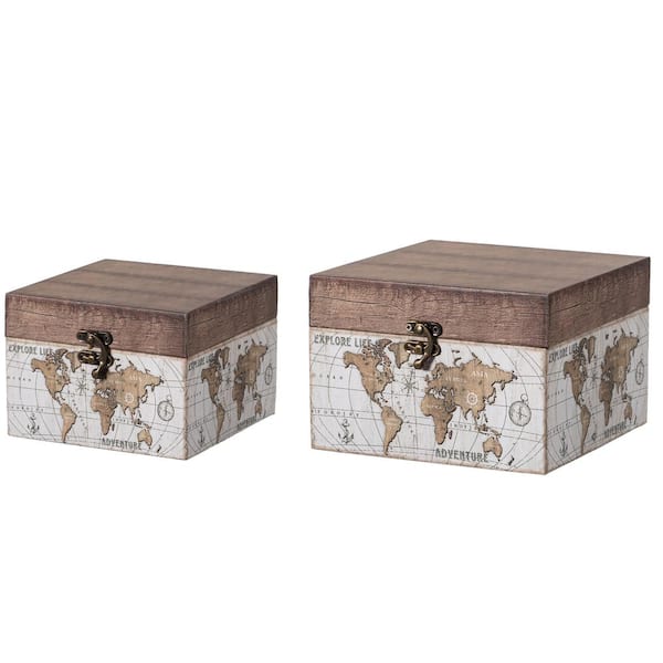 Vintiquewise Set of 2 Antique Vintage Style World Map Design Wooden Storage Box Trunk