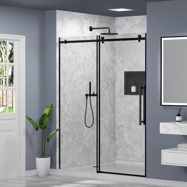 56-60 in. W x 74 in. H Single Reversible Sliding Frameless Shower Door in Matte Black with Nano-Coated Tempered Glass