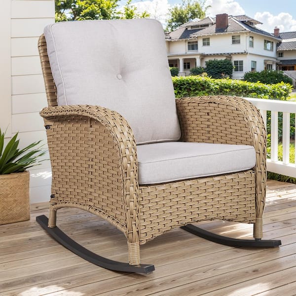 Opohoro PlainCurve Metal and Yellow Wicker Outdoor Rocking Chair with Olefin Beige Cushions