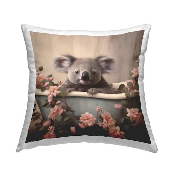 Stupell Industries Koala & Cherry Blossom Bath Gray Print Polyester 18 in. x 18 in. Throw Pillow