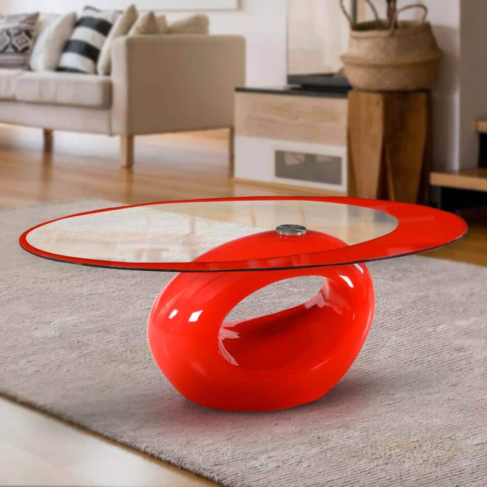 Red Oval Glass Top Outdoor Coffee Table with MDF Base
