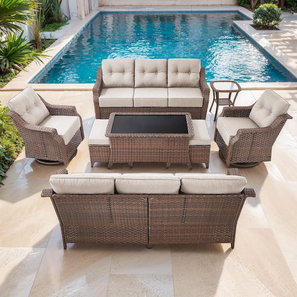Artisan Brown 8-Piece Wicker Patio Conversation Set with Swivel Rockers, Sofa Seating Set with Olefin Beige Cushions