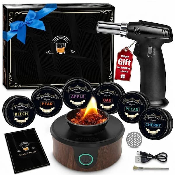 1-Piece Black Wood Electric Whiskey Smoker Kit with Torch and 6 Wood Chips for Cocktails and Bourbon Drinks