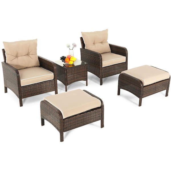 DEXTRUS Cedar Island 5-Piece Wicker Patio Conversation Set Beige Cushions