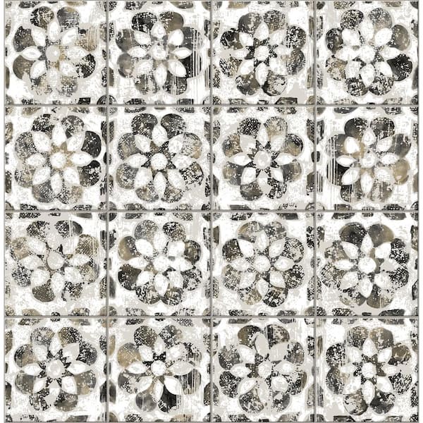 Advantage Izeda Black Floral Tile Matte Non-Pasted Non-Woven Wallpaper Sample