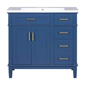 36 in. W Single Sink Freestanding Bath Vanity in Blue with White Solid Surface Top, 2 Soft Close Doors and 4 Drawers