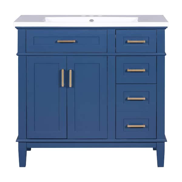 36 in. W Single Sink Freestanding Bath Vanity in Blue with White Ceramic Top, 2-Soft Close Doors and 4-Drawers