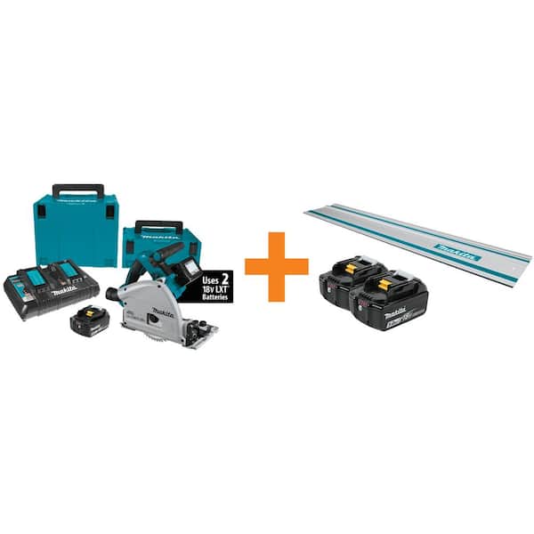 Makita 18V X2 LXT 6-1/2 in. Brushless Cordless Plunge Circular Saw 2 Batteries 5.0 Ah with Guide Rail