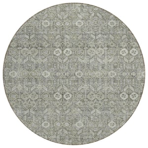 Cream and Tan 8 ft. Round Woven Floral Round Indoor/Outdoor Area Rug