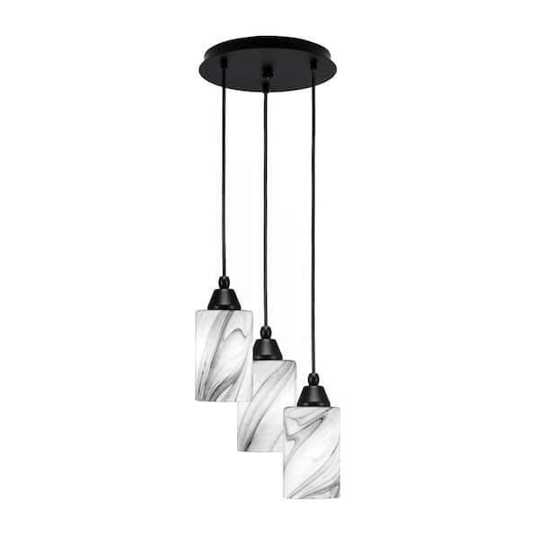 Savannah 10 in. 3-Light Matte Black Cord Pendant Light Onyx Swirl Glass Shade