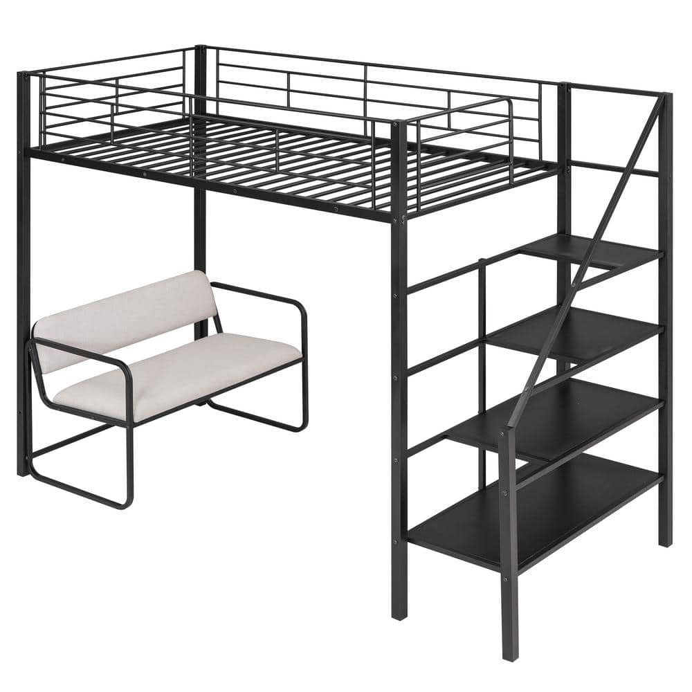 URTR Black Twin Size Metal Loft Bed With Bench And Storage Staircase ...