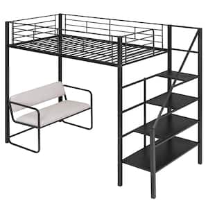 Black Twin Size Metal Loft Bed with Bench and Storage Staircase, Heavy Duty Metal Loft Bed Frame for Kids, Teens