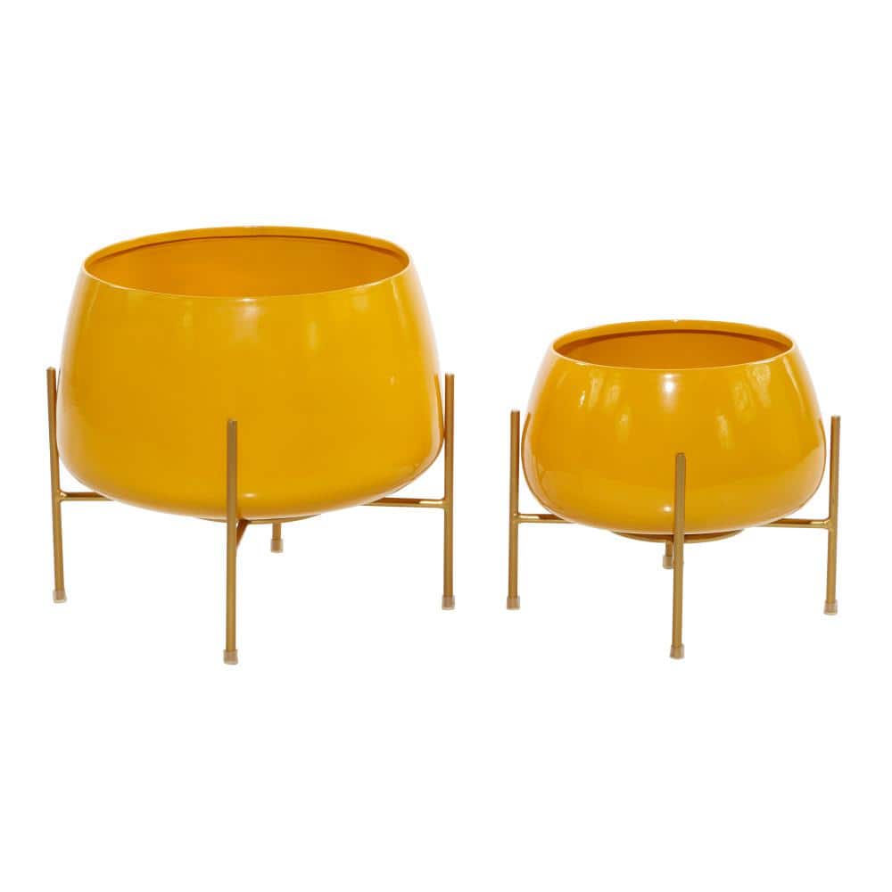 Set of 2 Yellow Metal Planters with Stands