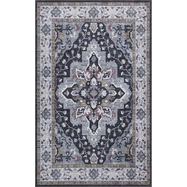 Superbia Boho Medallion Border Non-Slip Machine-Washable Gray/Charcoal 5 ft. x 8 ft. Area Rug