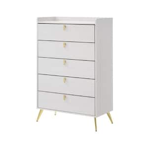 5-Drawers White and Gold Wood Tall Dresser Chest with Metal Handles (50 H x 16 W x 32 L)