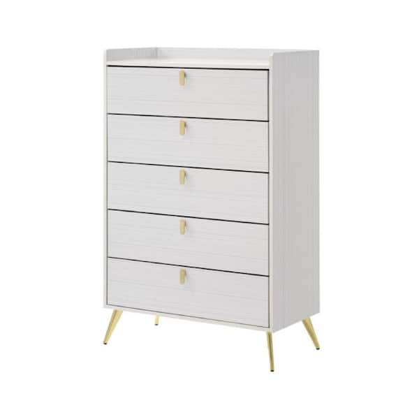 Benjara 5-Drawers White and Gold Wood Tall Dresser Chest with Metal Handles (50 H x 16 W x 32 L)