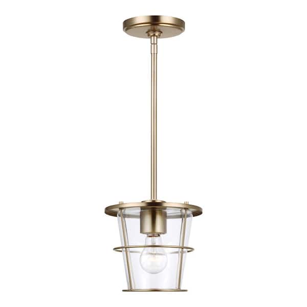 Generation Lighting Tex 1-Light Satin Brass Cage Hanging Pendant with Clear Glass Shade