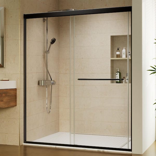 56-60 in. W x 70 in. H Sliding Framed Shower Door in Matte Black with Coated Clear Glass
