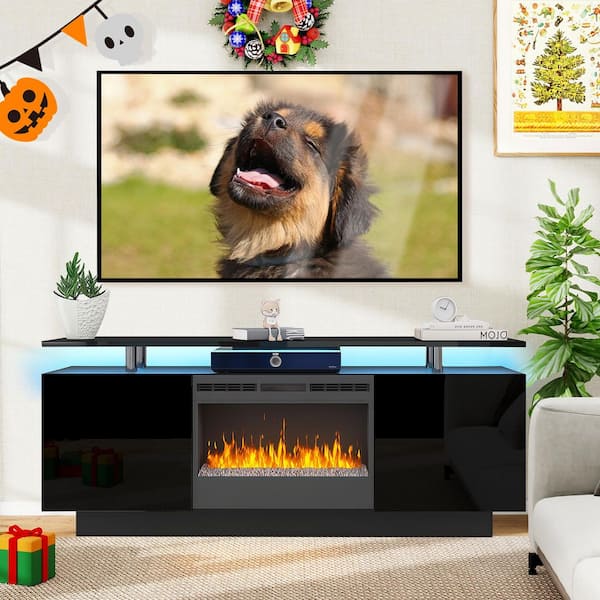 ToolCat 63 in. Modern Large Freestanding Electric Fireplace TV Stand with 9 Models, LED Lights, Black