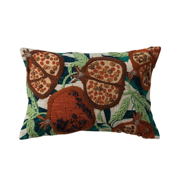 Multicolor Pomegranates Microfiber 18 in. x 12 in. Lumbar Throw Pillow with Embroidery and French Knots