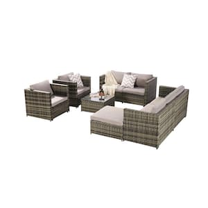 Brown 6-Piece Wicker Outdoor Sectional Set with Gray Cushions