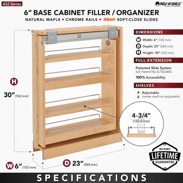 Rev-A-Shelf 6 Inch Width Kitchen Base Cabinet Filler Pull-Out Organizer  with Stainless Steel Panel, Natural, Min. Cabinet Opening: 6-1/8 W x  23-1/4 D x 30-1/8 H 434-BF-6SS