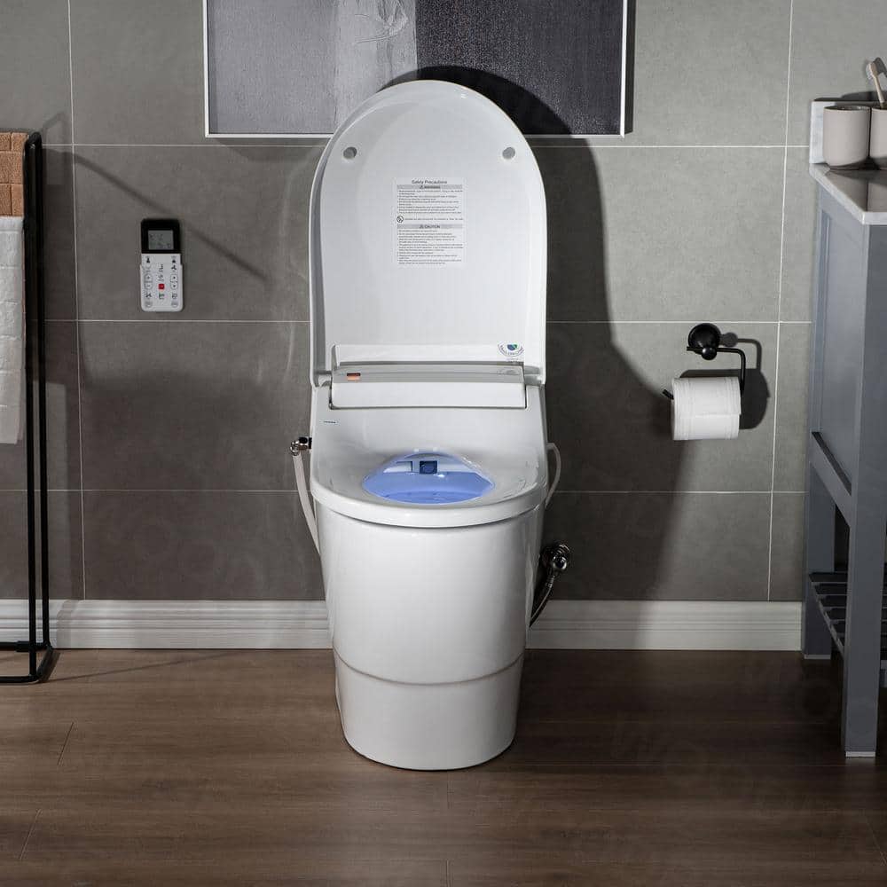 White Porcelain Elongated One-Piece Dual Flush Toilet with Smart Bidet