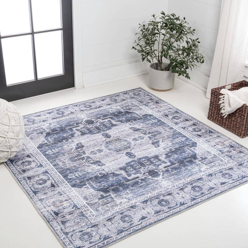 Alanya Ornate Navy and Ivory Square Chenille Area Rug