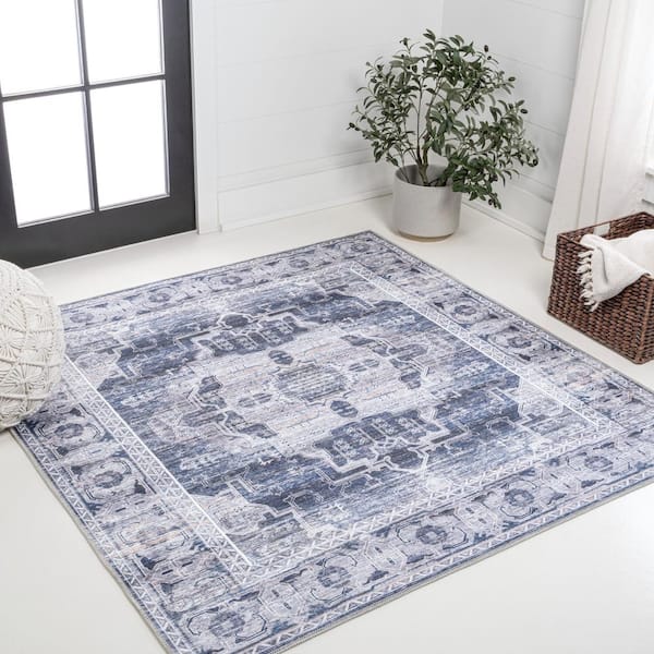 Alanya Ornate Navy/Cream 6 ft. Medallion Machine-Washable Square Area Rug