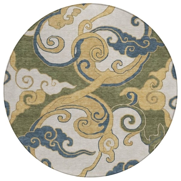 Chantille Machine Washable Indoor/Outdoor Abstract ACN3034 Olive 8 ft. x 8 ft. Round Rug