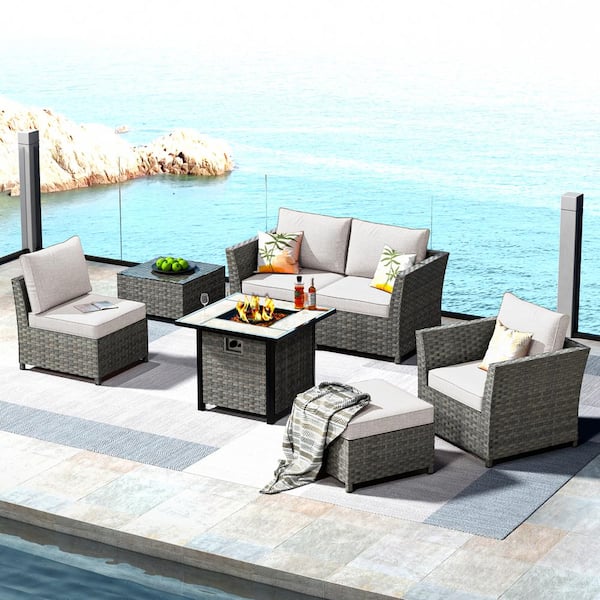 OVIOS Bexley Gray 7-Piece Wicker Fire Pit Patio Conversation Seating Set with Bold-Stripe Beige Cushions