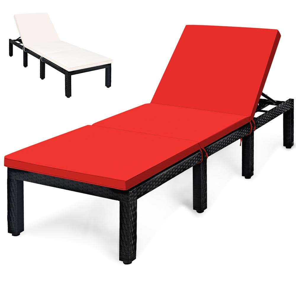 Costway Wicker Outdoor Lounge Chair Chaise Recliner Adjust with Red Cushion and Off White Cover -  HW68749WH-RE