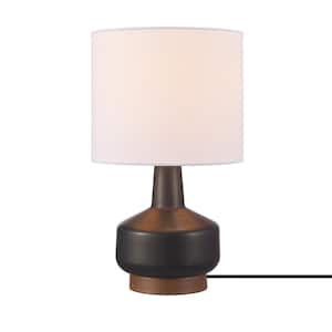 15 in. Ceramic Table Lamp, Matte Black, Wood Toned Base, White Linen Shade, On/Off Rotary Switch on Socket, Living Room