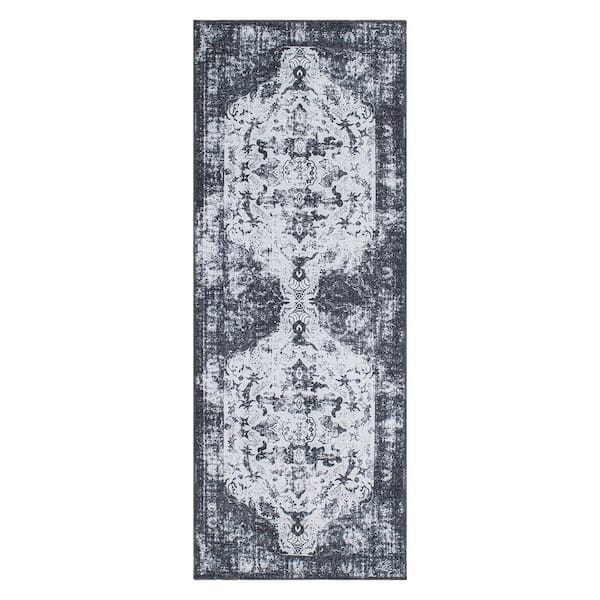 World Rug Gallery Vintage Distressed Medallion Machine Washable 2'6"x10' Black Runner Rug