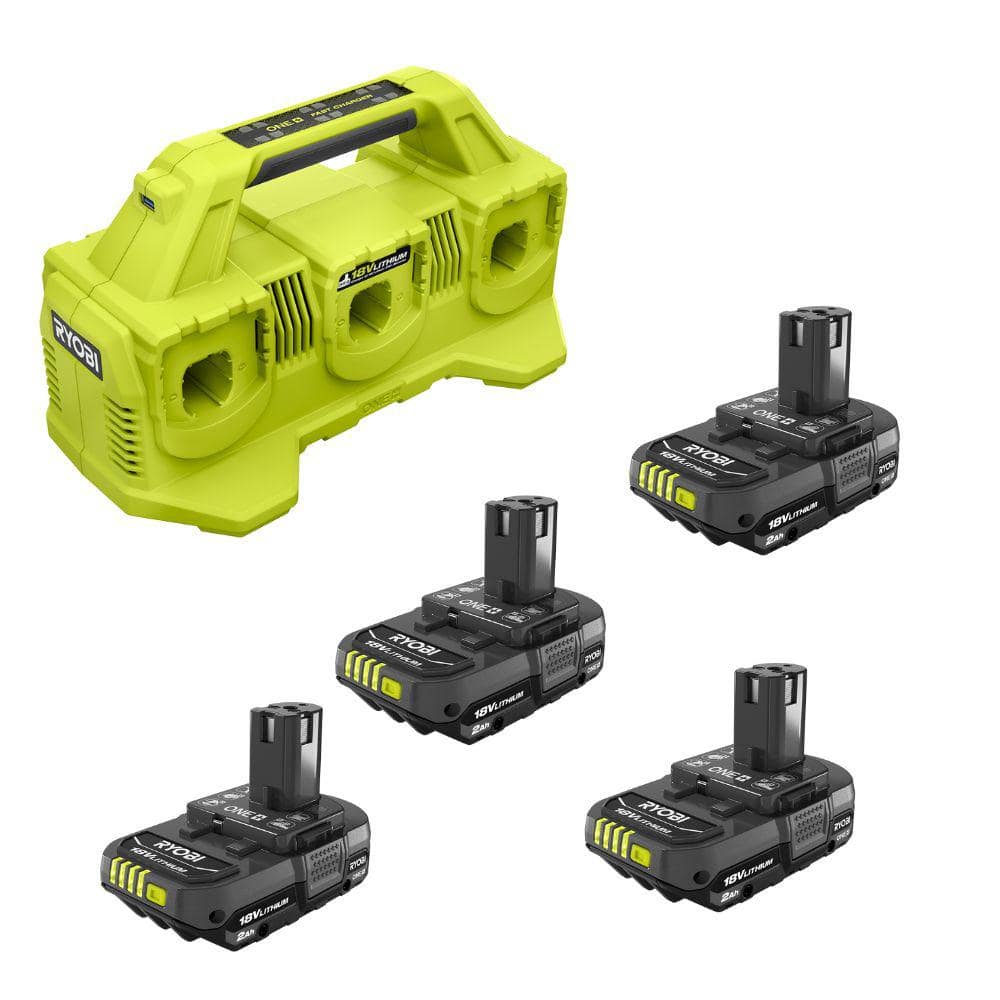 RYOBI ONE+ 18V Lithium-Ion 2.0 Ah Compact Battery (4-Pack) with 6-Port Charger -  PBP20062-PCG006