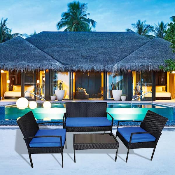 FORCLOVER 4-Piece Outdoor Rattan Wicker Patio Conversation Set with Navy Cushions and Coffee Table