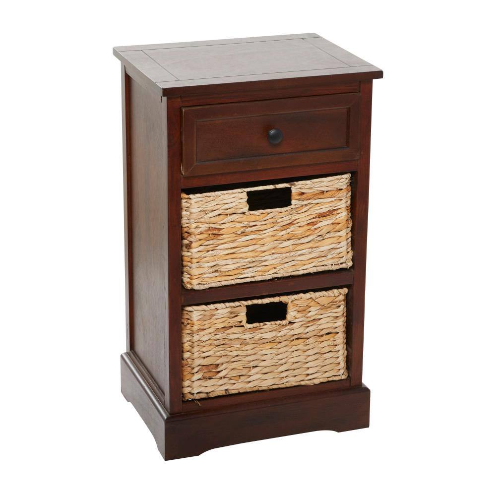 Elegant Brown Wooden Side Chest with Wicker Drawers - 33" x 20.5"