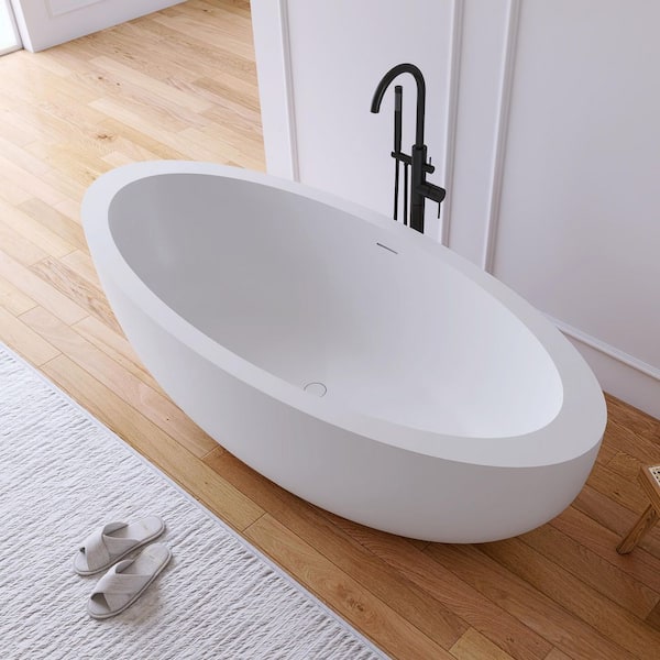 73 in. x 31.5 in. Stone Resin Solid Surface Flatbottom Freestanding Soaking Bathtub in White