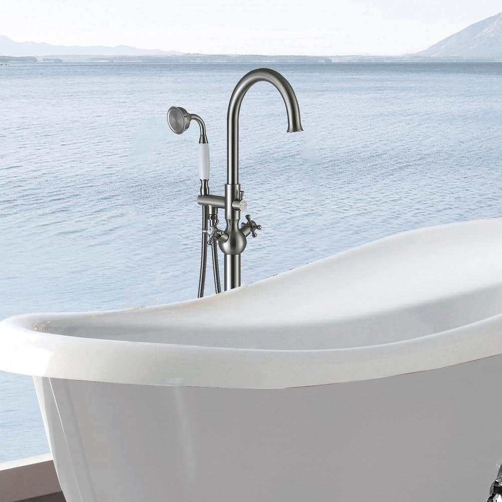 Brushed Nickel Freestanding Tub Filler with Handheld Shower