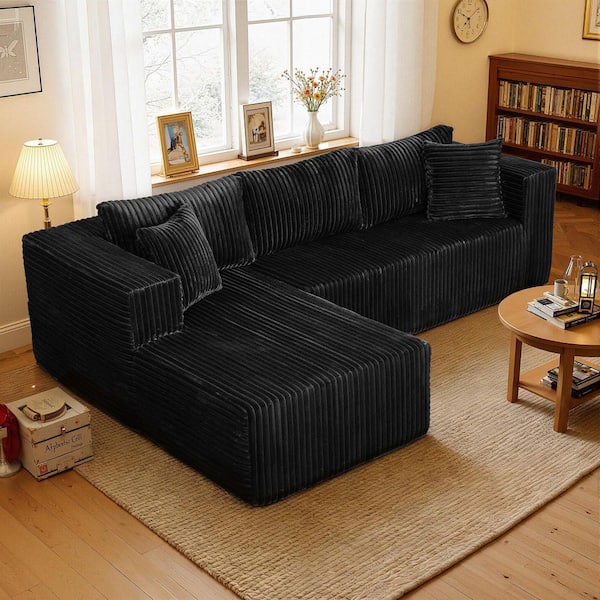 105.11 in. Wide Square Arm 2-Piece Modern Corduroy Fabric L-Shape Modular Sectional Sofa in Black with Chaise