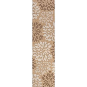Zinnia Modern Floral Textured Weave Brown/Cream 2 ft. x 10 ft. Indoor/Outdoor Area Rug