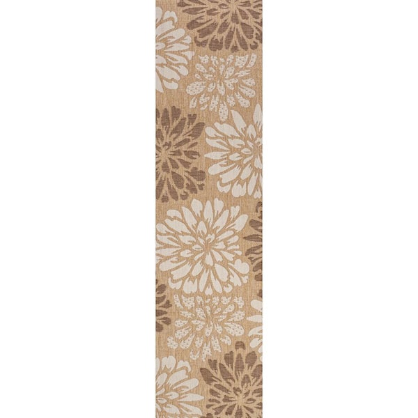 Zinnia Modern Floral Textured Weave Brown/Cream 2 ft. x 8 ft. Indoor/Outdoor Runner Rug