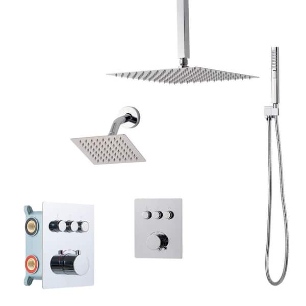 Shower Faucet Set,12in. Thermostatic Ceiling Mount Rainfall Shower System with Wall Mount Head Chrome Plating 3-Spray
