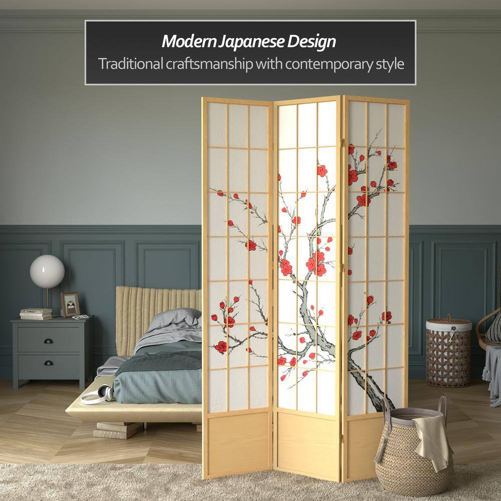 Natural Cherry Blossom Shoji 3-Panel Room Divider