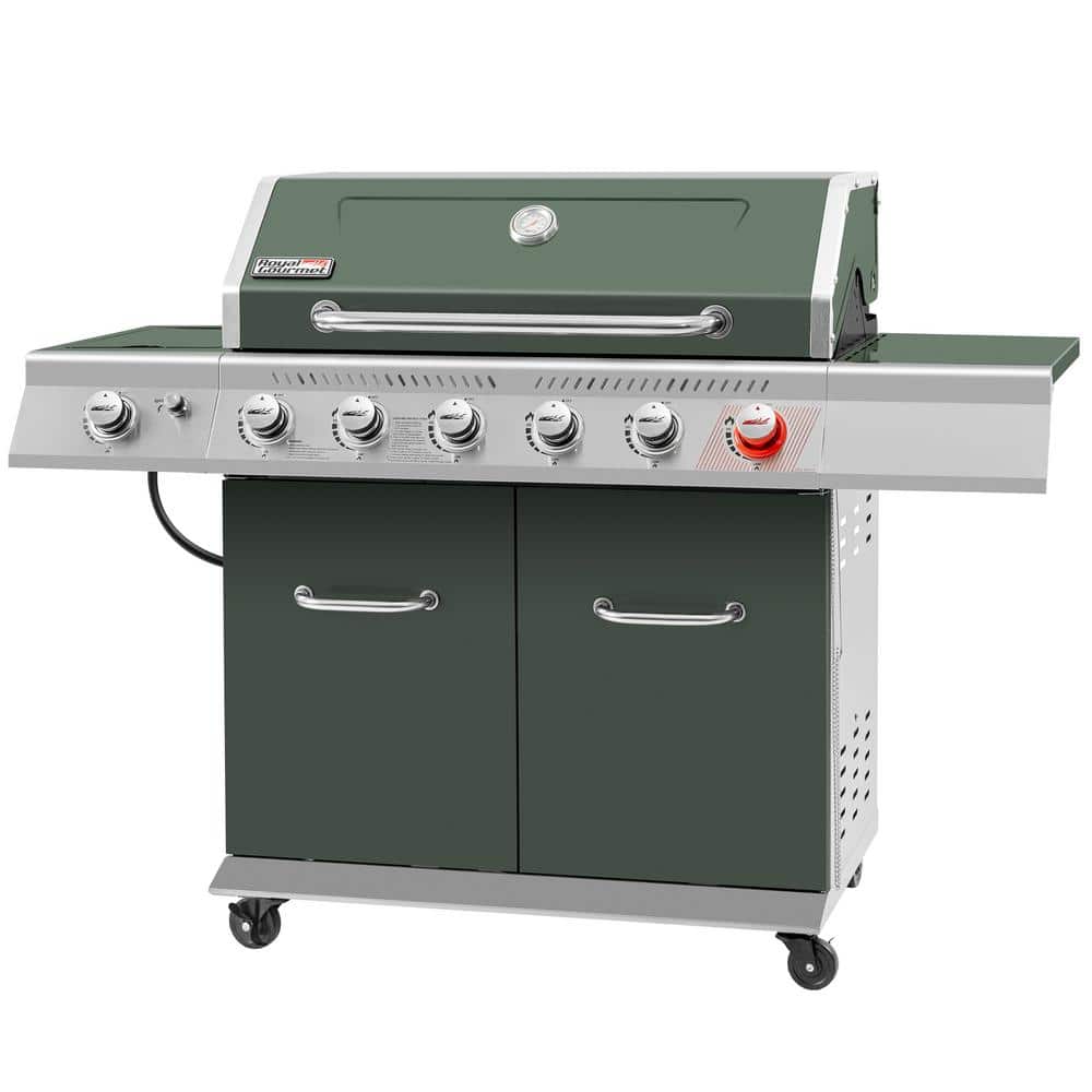 Olive Green Stainless Steel 6-Burner Propane Gas Grill with Side Burner